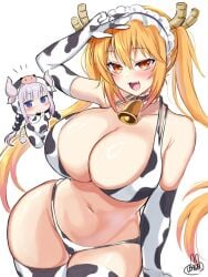 2girls :3 animal_print bikini blonde_hair breasts cosplay cow_print cow_print_bikini curvy elbow_gloves fangs female gloves horns huge_breasts kanna_kamui kigurumi looking_at_viewer miss_kobayashi's_dragon_maid multiple_girls navel no_tail print_bikini swimsuit tail thighhighs tohru_(dragon_maid) usada_mimiz