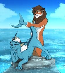 ambiguous_penetration anthro anthro_on_feral anthro_penetrating anthro_penetrating_feral ass_up backwards_baseball_cap backwards_hat baseball_cap baseball_cap_only blue_body clothing digital_media_(artwork) duo eeveelution felid female female_feral female_penetrated feral feral_penetrated from_behind_position fur generation_1_pokemon hair hat headgear headgear_only headwear headwear_only hi_res holding_tail interspecies lion looking_pleasured male male/female male_anthro male_penetrating male_penetrating_female mammal mostly_nude narrowed_eyes nintendo nude outdoor_nudity outside outside_sex pantherine penetration penile penile_penetration penis pokemon pokemon_(species) sex smile standing standing_sex tail vaporeon water wet zafara_(artist) zoophilia