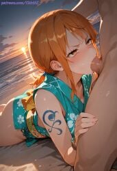 1boy 1girls ai ai_generated angry anime anime_style beach blowjob blush chiriai cum_in_mouth deep_blowjob deepthroat fellatio female glaring high_resolution highres irrumatio large_penis male nami_(one_piece) on_stomach one_piece oral orange_eyes orange_hair patreon patreon_username penis scowl short_hair sleeveless_kimono thick_thighs