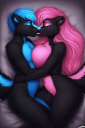 ai_generated anthro bed bedroom big_breasts black_body black_fur blue_body blue_fur blue_hair breasts brother brother_and_sister brother_kissing_sister closed_eyes female incest incest_(lore) kissing long_hair lying lying_on_side male male/female mammal naked nude pink_body pink_fur pink_hair short_hair siblings sister skunk tongue twins