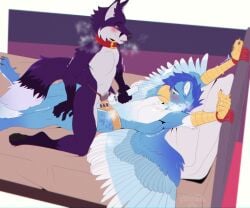 anthro avian beak bed bed_bondage bedroom_eyes blush bondage bondage bound canid canine chastity_belt chastity_cage chastity_device collar duo edging feathered_wings feathers feet felix_(felixfox) fox furniture gold_(metal) gold_chastity_belt gold_chastity_cage gold_chastity_device gryphon hair lidded_eyes local_cannibal lying male male/male mammal mutual_chastity mythological_avian mythological_creature mythology narrowed_eyes nude_anthro nude_male on_back on_bed orgasm_denial rokah seductive sex_toy submissive tail teasing vibrator wand_vibrator wings