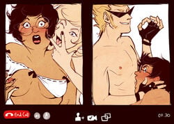 2boys 2girls black_hair black_lipstick black_nails blonde_hair blush blushing bra breast_grab breasts dark-skinned_female dark-skinned_male dark_skin dirk_strider eyewear female fingerless_gloves fletsch glasses homestuck human interracial ivalisian jake_english jane_crocker light-skinned_female light-skinned_male light_skin lipstick male ms_paint_adventures nipples peace_sign roxy_lalonde short_hair sunglasses surprised tan teeth tongue valdgeist video_chat webcam yaoi yuri