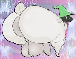 1boy 2025 anthro anus ass backsack balls big_butt bovid caprine clothing deltarune english_description eyewear fur genitals glasses goat green_clothing green_hat green_headwear hat headgear headwear looking_back male male_only mammal mostly_nude_anthro mostly_nude_male mouth_closed penis pink_scarf puffy_anus ralsei rear_view round_glasses scarf small_tail solo stankbank tail undertale_(series) wearing_glasses white_body white_fur wizard_hat