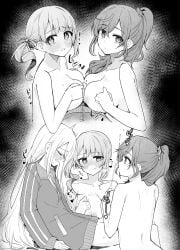 1futa 2girls asahina_mafuyu blush bottomless breasts commentary completely_nude cooperative_paizuri cum ejaculation erection expressionless female fff_threesome from_side futa_pov futa_with_female futanari greyscale group_sex hair_ornament hair_scrunchie high_ponytail highres intersex large_breasts long_hair looking_at_viewer low_side_ponytail mochizuki_honami monochrome multiple_girls napopasu nipples nose_blush nude paizuri penis ponytail pov project_sekai projectile_cum scrunchie sweat teamwork_(sexual) threesome track_suit twitching yoisaki_kanade yuri