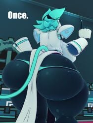 2025 3:4 3d_(artwork) absurd_res anthro ass big_breasts big_butt black_body breasts clothing cryptiacurves_(modeler) darkner deltarune dialogue digital_media_(artwork) english_text felid feline female floating_hands furry_ghosty hair hi_res huge_butt mammal multicolored_body rear_view solo tail tasque tasque_manager tasque_manager_(deltarune) teal_clothing teal_hair teal_thong teal_underwear text thick_thighs thong undertale_(series) underwear white_body wide_hips you_may_spank_it_once
