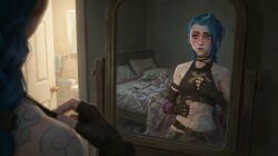 accurate_art_style ai_generated arcane blush jinx_(arcane) jinx_(league_of_legends) mirror reflection solo solo_female