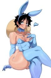 1boy bamboopineapple big_thighs bunny_boy bunny_ears bunnysuit curvy curvy_male cute_male facial_scar femboy grey_background male male_focus male_only monkey_d_luffy nude one_piece penis small_penis solo thick_thighs twink