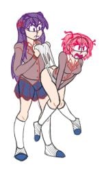2girls blue_skirt breasts butt clothes doki_doki_literature_club female long_hair natsuki_(doki_doki_literature_club) panties pink_eyes pink_hair purple_eyes purple_hair roboblastvolnutt shoes short_hair skirt socks wedgie wedgied_female yuri_(doki_doki_literature_club)