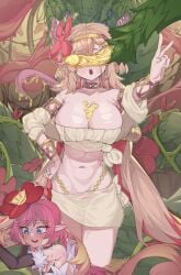 2girls absurdres bandeau bare_shoulders blue_eyes blush breasts cleavage collarbone detached_sleeves dragon duel_monster elbow_gloves female flower gloves hair_flower hair_ornament highres large_breasts long_hair looking_at_viewer midriff monster multiple_girls navel open_mouth phallic_symbol pink_hair plant pointy_ears predaplant_verte_anaconda red_eyes tartarie thighs traptrix_pinguicula traptrix_rafflesia yu-gi-oh!
