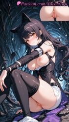 1girls 2025 ai_generated animal_ears anus ass bare_shoulders black_hair black_pantyhose black_thighhighs blake_belladonna blush breasts breasts_out cat_ears cat_girl cat_tail closed_mouth clothes_pull detached_sleeves female hi_res highres knees_up long_hair looking_at_viewer medium_breasts natsuyoru nipples pantyhose patreon pussy rwby rwby_ice_queendom shiny shorts sitting smile solo tail thighhighs uncensored vagina voluptuous voluptuous_female white_shorts yellow_eyes