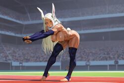 1girls ai_generated areolae bakedcookie breasts bridal_gauntlets bunny_ears dark_skin dark_skinned_female exhibitionism female fur_collar hanging_breasts highres large_areolae large_breasts mirko muscular muscular_female my_hero_academia outdoor_nudity outdoors racing_track rumi_usagiyama smile smiling sole_female stirrup_legwear stretching sweat sweatdrop thighhighs toeless_legwear uncensored