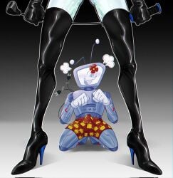 angel_bunie angel_bunie_(artist) boxers boxers_only deltarune dominant_female domination erection erection_pushing_underwear erection_under_clothes female femdom high_boots high_heel_boots high_thigh_boots male malesub petplay queen_(deltarune) steam steaming submissive_male tail_wagging tailwag tenna_(deltarune) thigh_high_boots whip