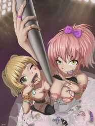 2girls ;d anal_beads artist_name black_legwear blonde_hair bow bracelet breast_suppress breasts bukkake buttplug cleavage collarbone condom condom_in_mouth cum dildo fishnet_legwear fishnets from_above green_eyes hairbow heart heart-shaped_pupils idolmaster idolmaster_cinderella_girls jewelry jonathan_h jougasaki_mika jougasaki_rika looking_at_viewer looking_up mouth_hold multiple_girls navel necklace nipple_chain nipple_piercing one_eye_closed open_mouth piercing pink_hair plug pole_dancing ponytail ring siblings sisters small_breasts smile star_tattoo symbol-shaped_pupils tattoo teeth thighhighs tied_hair used_condom white_legwear yellow_eyes