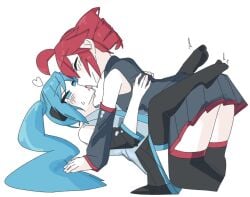 2girls blue_eyes blue_hair chimera female female_only hatsune_miku kasane_teto kissing red_eyes red_hair simple_background t2e1o1_(artist) tongue_kiss twin_drills twintails utau vocaloid yuri