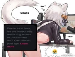 1female 1girls 2025 2d 2d_(artwork) animal_ears animal_humanoid ass bent_over computer computer_monitor dialogue due_to_local_laws english english_dialogue english_text female female_only filian_(vtuber) hair_accessory humanoid indie_virtual_youtuber indigo_hair light-skinned_female light_skin online_safety_act png solo solo_female tail text track_suit virtual_youtuber vtuber wersman white_hair