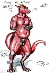 absurd_res after_vore animal_genitalia anthro anxiousboar athletic balls belly bone colored digestion genitals gouache_(artwork) hi_res kobold line_art male male/male model_sheet muscular overweight painting_(artwork) pudge red_body rocky_(anxiousboar) scalie sheath solo solo_focus traditional_media_(artwork) traditional_painting_(artwork) vore