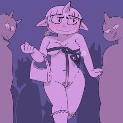 ambiguous_gender blueregardtwo blush bodily_fluids bodily_fluids_drip breasts clothing demon female footwear group hi_res horn humanoid living_tail long_ears margot_and_tail_(d-monomicon) mostly_nude navel not_furry pubes public public_nudity purse socks spade_tail sweat tail unusual_anatomy unusual_tail