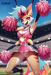 arm_up cheerleader_outfit crop_top female fox helluva_boss jumping looking_at_viewer open_mouth outdoors pom_poms pussy queen_bee-lzebub_(helluva_boss) shoes skirt smile solo stadium