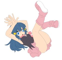 1girls absurdres ass blue_eyes blue_hair busakumas dawn_(pokemon) female highres legs long_hair miniskirt nintendo no_panties photoshop pokemon skirt smile thighs uncensored vector_trace