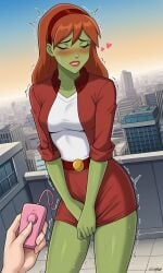 ai_generated alien_girl ass belt bigmic145 breasts dc dc_comics female green_skin hairband jacket miss_martian red_hair remote_control_vibrator sex_toy sexually_suggestive skirt t-shirt vibrator young_justice