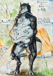absurd_res anthro anxiousboar balls belly bodily_fluids bulge camp campfire camping colored cum duo genital_fluids genitals gouache_(artwork) hi_res imprints leaking_cum male male/male painting painting_(artwork) penis sergal shaded solo_focus standing tent traditional_media_(artwork) traditional_painting_(artwork) vore watercolor_(artwork)
