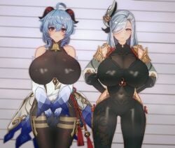 2girls 3d ahoge bare_shoulders blue_hair bodystocking bodysuit breasts cleavage danish_primus detached_sleeves duo eyebrows_visible_through_hair female female_only ganyu_(genshin_impact) genshin_impact gloves hip_windows horns huge_breasts koikatsu light-skinned_female light_skin long_hair looking_at_viewer neutral_expression nipple_bulge purple_eyes shenhe_(genshin_impact) silver_eyes smile standing thick_thighs vermelho_(artist) white_hair