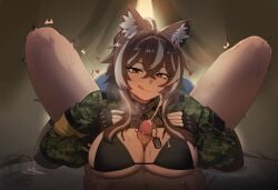 1boy :p animal_ear_fluff animal_ears armband black_bra bra breasts brown_eyes brown_hair callisto_(greyeth) choker commission cum cum_on_body cum_on_breasts denim denim_shorts difman dog_tags ejaculation erection facial female fox_ears fox_girl large_breasts legs licking_lips looking_at_viewer original penis shorts tongue tongue_out underwear