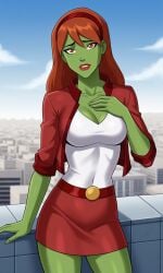 ai_generated alien_girl ass belt bigmic145 breasts dc dc_comics female green_skin hairband jacket miss_martian red_hair skirt t-shirt young_justice