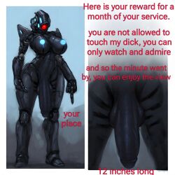 1562566 1_eye 1futa ai_generated big_breasts big_penis black_body breasts domina-x9 dominant dominant_futa dominant_robot domination female futadom futanari intersex penis red_eyes robot robot_girl text