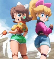 2girls ass bangs belt blonde_hair blue_eyes blue_shorts blue_sky blush bow breasts brown_gloves brown_hair clothing cloud coolerinker crop_top cropped_jacket day denim denim_shorts earrings female fingerless_gloves flipped_hair flower_earrings footwear from_behind gloves green_shorts hair_ornament hairbow headwear inker_comics inkershike jacket jewelry knee_pads large_breasts lips long_hair looking_at_viewer looking_back mario_(series) mario_kart_world medium_hair multiple_girls official_alternate_costume one_eye_closed open_mouth orange_gloves outdoors pink_bow pink_jacket ponytail princess_daisy princess_peach puffy_short_sleeves ribbon shirt shoes short_shorts short_sleeves shorts sky smile sphere_earrings super_mario_bros. teeth thighs upper_teeth_only v white_bow wink