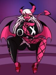 1girls 2023 alternate_breast_size areola_slip artist_name ass asymmetrical_clothes big_ass big_breasts black_clothing black_lipstick bodysuit breasts busty cleavage clothed clothed_female clothing cloven_hooves curvaceous curvy demon demon_girl demon_horns demon_humanoid demon_tail demon_wings fangs feet female fishnets footwear front_view fully_clothed hair hand_on_breast hand_on_chest helluva_boss hi_res high_heels hooves horn horned_humanoid horns huge_breasts humanoid large_ass large_breasts legs_apart lipstick long_hair looking_at_viewer open_mouth pink_body pink_eyes pink_hair pink_skin shoes signature sitting skin_tight smile smiling smiling_at_viewer solo spade_tail tail teeth thick_thighs thighs tongue verosika_mayday_(helluva_boss) white_hair wide_hips wings yellow_sclera yinseiryu