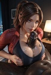 ai_generated big_breasts blue_eyes breasts brown_hair claire_redfield cum cum_on_breasts dark-skinned_male fat_male interracial male paizuri ponytail queen_of_spades red_jacket resident_evil