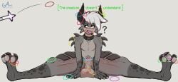 animal_genitalia anthro balls big_balls bodily_fluids canid canine canis collar deathclaw digit_ring duo eyebrow_piercing eyebrows facial_piercing fallout feet femboy furgonomics furry-specific_piercing gameplay_mechanics genitals gevaudan_(good4life4ever) good4life4ever hi_res horn horn_piercing jewelry kitw_(good4life4ever) looking_at_another looking_at_partner male mammal microsoft mohawk nipple_piercing nipples pawpads paws penis penis_tip piercing question_mark raised_eyebrow ring ring_toss saggy_balls saliva scalie sheath sheath_play sitting sitting_on_ground spread_legs spreading teeth thick_thighs thoughts toe_ring toes tongue tongue_piercing tossing wide_hips wolf