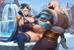 1boy 1girls ai_generated ashe_(league_of_legends) blue_eyes boots braum breasts clothed female fountain frozen grabbing grabbing_breasts large_breasts league_of_legends lucakp male moustache muscular muscular_male patreon patreon_link patreon_logo patreon_reward patreon_url patreon_username penis sex sitting spread_legs tagme tattoo thick_thighs thighhighs thighs town town_square vaginal_penetration white_hair