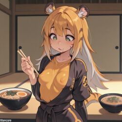 (titancore) ai_generated animal_humanoid breasts breasts_out drooling female food girl green_eyes inside ju_fufu long_hair monster_girl nipples nipples_visible_through_clothing noodles small_breasts tiger_ears tiger_girl tiger_stripes tiger_tail video_game_character zenless_zone_zero