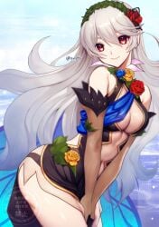 alluring armored_leotard ass bare_shoulders black_panties bodystocking cape closed_mouth corrin_(female)_(resplendent)_(fire_emblem) corrin_(fire_emblem) corrin_(fire_emblem)_(female) corrin_(resplendent)_(fire_emblem)_(female) covered_navel dress elbow_gloves female fire_emblem fire_emblem_fates fire_emblem_heroes fire_emblem_warriors flower gloves gradient_clothes hair_ornament hair_vines hairband hands_on_own_thighs intelligent_systems leotard long_hair looking_at_viewer medium_breasts nintendo official_alternate_costume panties panty_straps pointy_ears red_eyes see-through_clothes see-through_cutout smile sylphy_fe thighs thorns underwear white_hair wing_cape