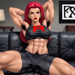 ai_generated armpit_hair armpits athletic athletic_female couch deergirlfit excessive_pubic_hair female_pubic_hair fitness fitness_influencer fitness_model fully_clothed hairy hairy_armpits hairy_pussy jessie_(pokemon) muscles muscular muscular_female pokemon pubic_hair pubic_hair_peek red_hair strong_female toned toned_body toned_female toned_stomach