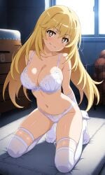 +_+ 1girls 2020s 2025 :3 ai_generated arms_behind_back bare_shoulders blonde_hair blush bra breasts cleft_of_venus collarbone day female full_body gloves gym_storeroom hi_res indoors kneeling large_breasts light-skinned_female light_skin long_hair looking_at_viewer matching_hair/eyes navel panties schoolgirl shokuhou_misaki smile smiling solo star-shaped_pupils stomach sunlight teenage_girl teenage_tits teenager thighhighs thighs to_aru_kagaku_no_railgun to_aru_majutsu_no_index underwear underwear_only unusual_pupils white_bra white_gloves white_panties white_thighhighs white_underwear window yellow_eyes young young_female