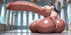 1girls ai_generated balls big_breasts black_hair breasts female futanari gigantic_balls gigantic_penis gigantic_testicles hyper_balls hyper_penis hyper_testicles intersex long_hair penis sitting_on_balls testicles