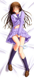 bed_sheet blush bonnie_(rsg) brown_hair clothing dakimakura_design female fingering fingering_self highres iki_hiyori long_hair lying masturbation noragami on_back panties panties_around_one_leg pussy_juice school_uniform serafuku skirt solo thigh_gap underwear