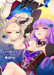 2girls aikatsu! arm_garter armlet black_gloves blonde_hair blush breasts brown_eyes chains cover cover_page cum cum_on_body cum_on_breasts cum_on_lower_body cum_on_upper_body detached_collar doujin_cover dress dress_pull earrings fingerless_gloves gloves hair_ornament hazuki_(etcxetc) hikami_sumire holding_hands idol jewelry kurosawa_rin_(aikatsu!) long_hair mismatched_gloves multicolored_hair multiple_girls necklace nipples open_mouth purple_eyes purple_hair rotational_symmetry single_elbow_glove small_breasts star star_earrings star_hair_ornament streaked_hair