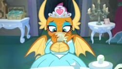 1girls animated big_breasts bouncing_breasts breast_jiggle breasts cleavage dragon dragon_girl dress drinking_tea edit female friendship_is_magic jiggling_breasts lipstick looking_at_viewer my_little_pony princess_smolder screenshot_edit shorter_than_10_seconds smile smolder_(mlp) tagme tea video