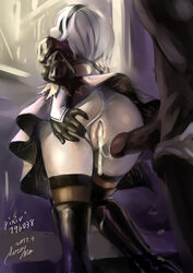 1boy 1girls 2017 after_sex android ass big_penis cum cum_in_pussy cum_inside dark-skinned_male dark_skin dated feather-trimmed_sleeves female from_behind gloves headband interracial leotard leotard_aside male nier nier:_automata penis pull_out pussy short_hair straight text thigh_boots thighhighs_under_boots white_hair yorha_2b