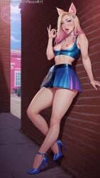 1girls ahri ahri_(league_of_legends) ai_generated blonde_hair blowjob_gesture breasts breasts_out female female_only fox_ears high_heels k/da_all_out_ahri k/da_all_out_series league_of_legends pussy raiven riot_games sexy_pose skirt tongue_out upskirt