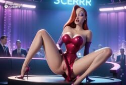 1girls ai_generated artist_name bare_shoulders breasts cleavage closed_eyes clothes_lift clothing_aside cocktail_dress crowd dress earrings elbow_gloves eyeliner eyeshadow female gloves hair_over_one_eye hi_res high_heels jessica_rabbit jewelry large_breasts lipstick long_hair makeup multiple_boys necktie no_panties purple_eyeshadow purple_gloves pussy r34arts red_dress red_footwear red_hair red_lips sitting solo_focus spread_legs strapless strapless_dress uncensored who_framed_roger_rabbit