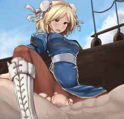 1boy 1girls blonde_hair blue_dress blush boots brown_eyes brown_legwear bun_cover censored china_dress chinese_clothes chun-li_(cosplay) cosplay cowgirl_position cross-laced_footwear djeeta_(granblue_fantasy) double_bun dress female granblue_fantasy human kasuka male pantyhose pelvic_curtain penetration puffy_short_sleeves puffy_sleeves saliva sex short_hair short_sleeves side_slit solo_focus straight street_fighter tears torn_clothes torn_pantyhose vaginal_penetration white_boots