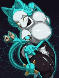 2025 anthro big_breasts blue_hair breasts clothed clothing cord_tail darkner deltarune detailed digital_drawing_(artwork) digital_media_(artwork) felid feline female hair half-length_portrait hamili hi_res looking_at_viewer machine mammal portrait robot shirt smile tasque_manager tasque_manager_(deltarune) topwear undertale_(series) whip yellow_eyes