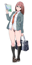 bag black_legwear blazer book bottomless brown_eyes brown_hair female glasses holding holding_book huridog kneehighs loafers long_hair looking_at_viewer necktie original pubic_hair school_bag school_uniform shoes solo standing striped striped_necktie textbook