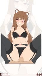 1boy 1boy1girl 1girl 1girls absurdres anal anal_penetration animal_ear_fluff animal_ears anus arms_behind_back black_bra black_garter_belt black_panties black_thighhighs blush blushing blushing_female bra breasts brown_hair brown_hair_female cameltoe eyebrows_hidden_by_hair eyes_visible_through_hair facing_viewer female garter_belt highres hime_cut holo kemonomimi knees_up lace_bra lace_panties likunea lingerie lipstick long_hair long_hair_female looking_at_viewer makeup male male_out_of_frame medium_breasts navel panties panties_aside penis penis_in_ass pink_lips pussy pussy_peek red_eyes red_eyes_female smile solo spice_and_wolf tail thighhighs thighs underwear unfinished vaginal_penetration very_long_hair white_background wolf_ears wolf_girl zoom_layer