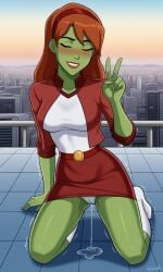 ai_generated alien_girl ass belt bigmic145 breasts cumming dc dc_comics female green_skin hairband jacket miss_martian panties red_hair remote_control_vibrator sex_toy sexually_suggestive skirt squirting t-shirt upskirt vibrator wet wet_panties wet_pussy young_justice